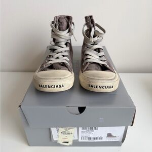 Balenciaga Paris Distressed Logo Embroidered Canvas High-Top Sneakers